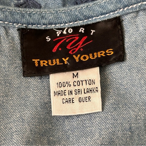 Vintage 90s TRULY YOURS Denim Pearl Button Up MIDI Dress Pockets White Rosettes - Picture 11 of 15